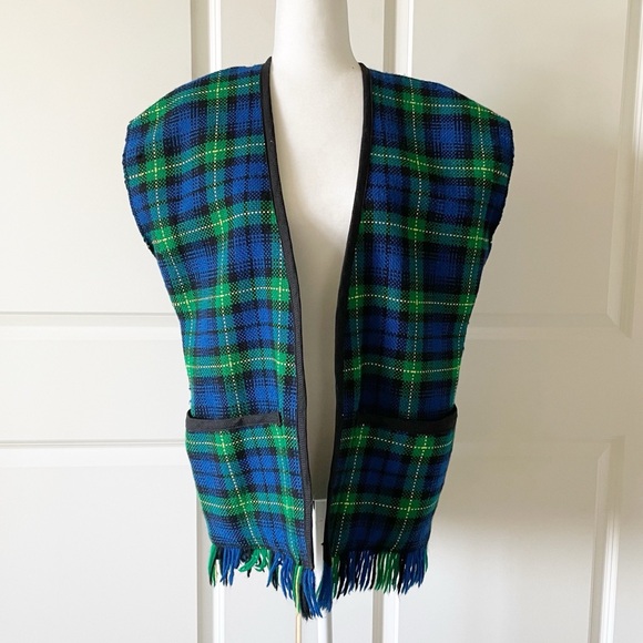 Vintage The Wheelers Hand Woven Plaid Fringed Green Blue Vest - Picture 2 of 10